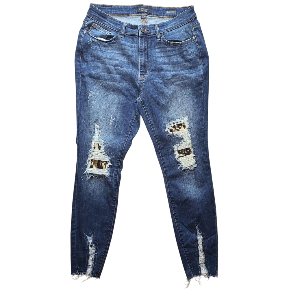 Judy Blue Leopard Patch Skinny Jeans 11/30 Dark Wash Distressed Stretch - Picture 3 of 14
